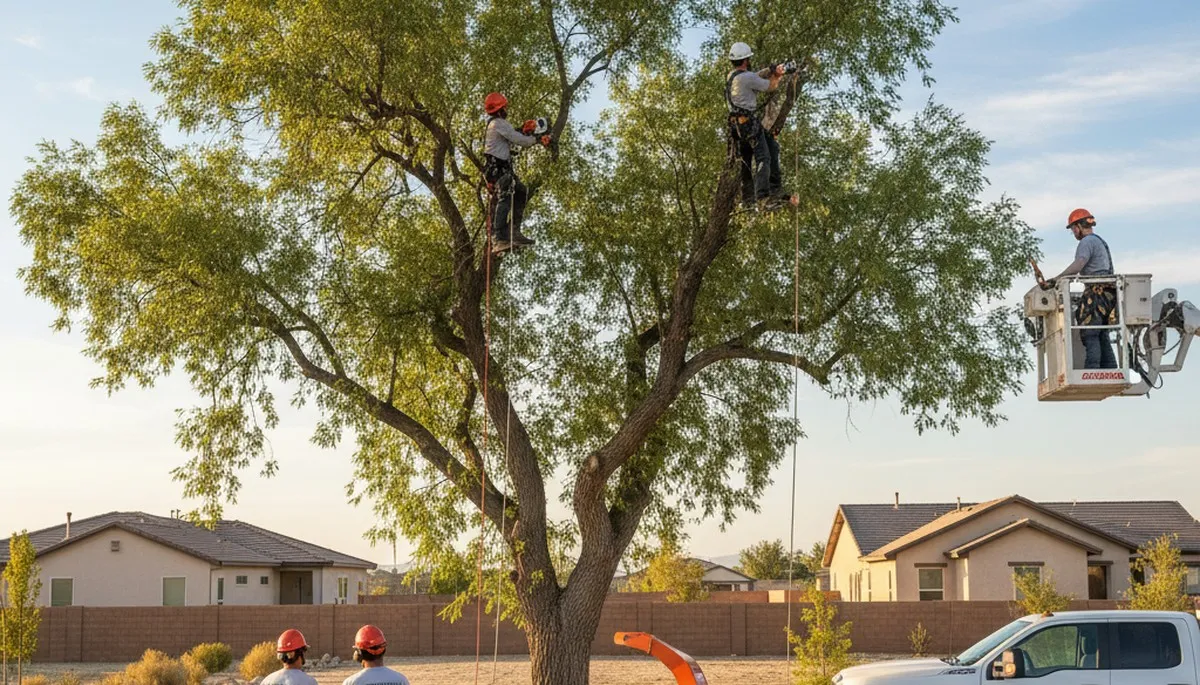 Professional tree removal service in Bakersfield, CA safely cutting large oak tree branches