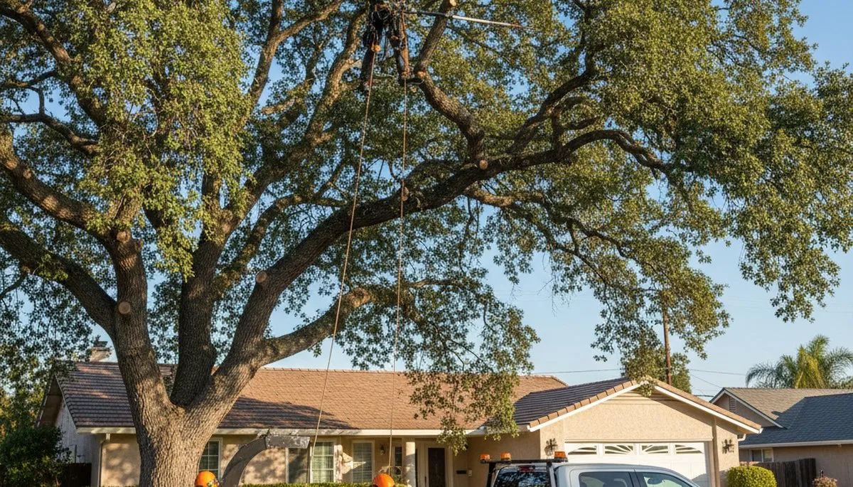 Professional tree removal service in Bakersfield, CA safely cutting and clearing large oak tree