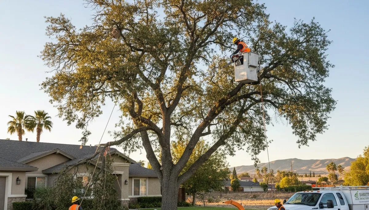 Professional tree removal service team working safely in Bakersfield, CA residential area