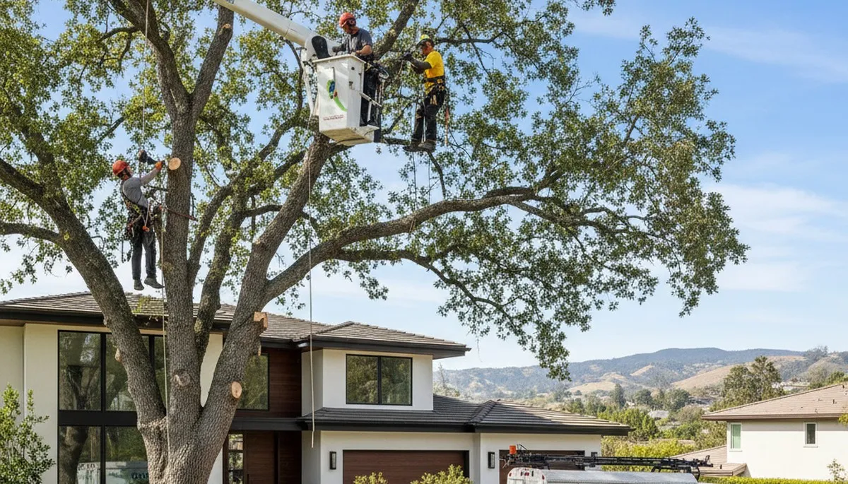 Professional tree removal service in Bakersfield, CA safely cutting and clearing large oak tree